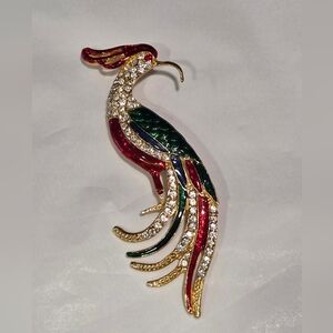 Vintage Multicolored Enamel Rhinestone Goldtone Bird Brooch